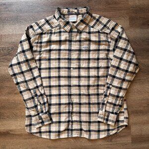 Columbia Casual Button Down Mens Large Beige Tan Plaid Rugged Flannel Shirt